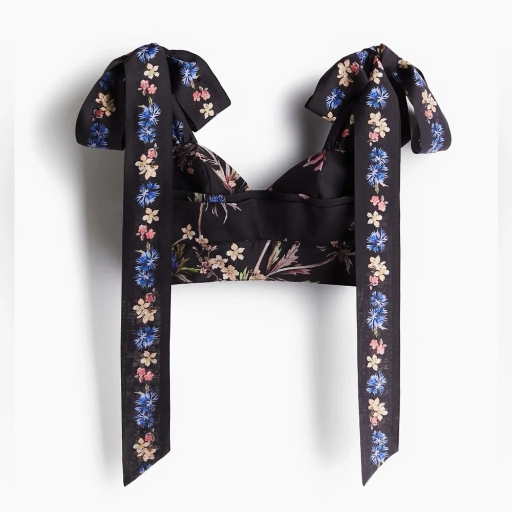 🪻H&M Tie-Strap Crop Top Floral Flowers Black Ribbon Tie Medium M